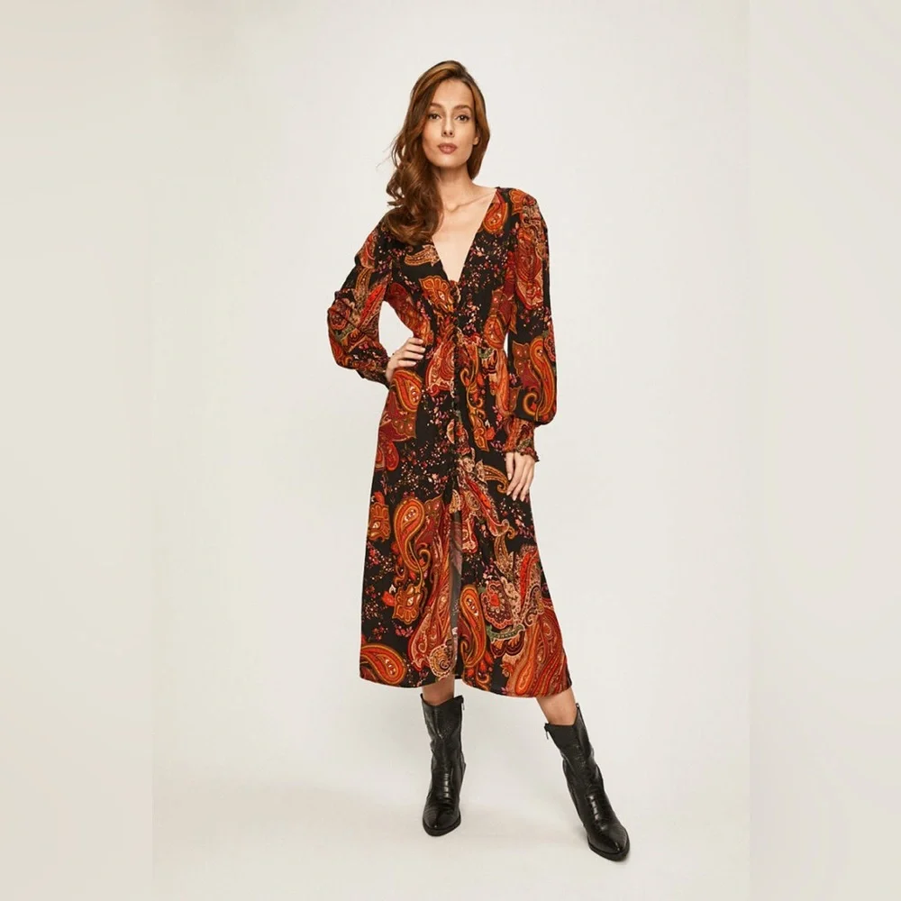 NWOT Zara paisley print smocked a neck button down dress Size XS - Picture 1 of 12